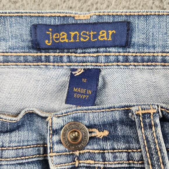 Womens Y2K High Rise Bootcut Jeans Size 12 Blue Embellished Pockets Light Stretc - Picture 3 of 11